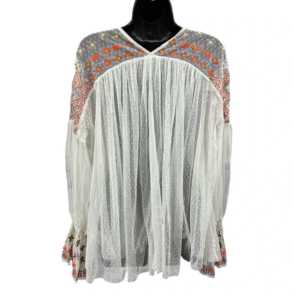 Free‎ People PLS Sheer Swiss Dot Embroidered Boho Tunic Top Oversized